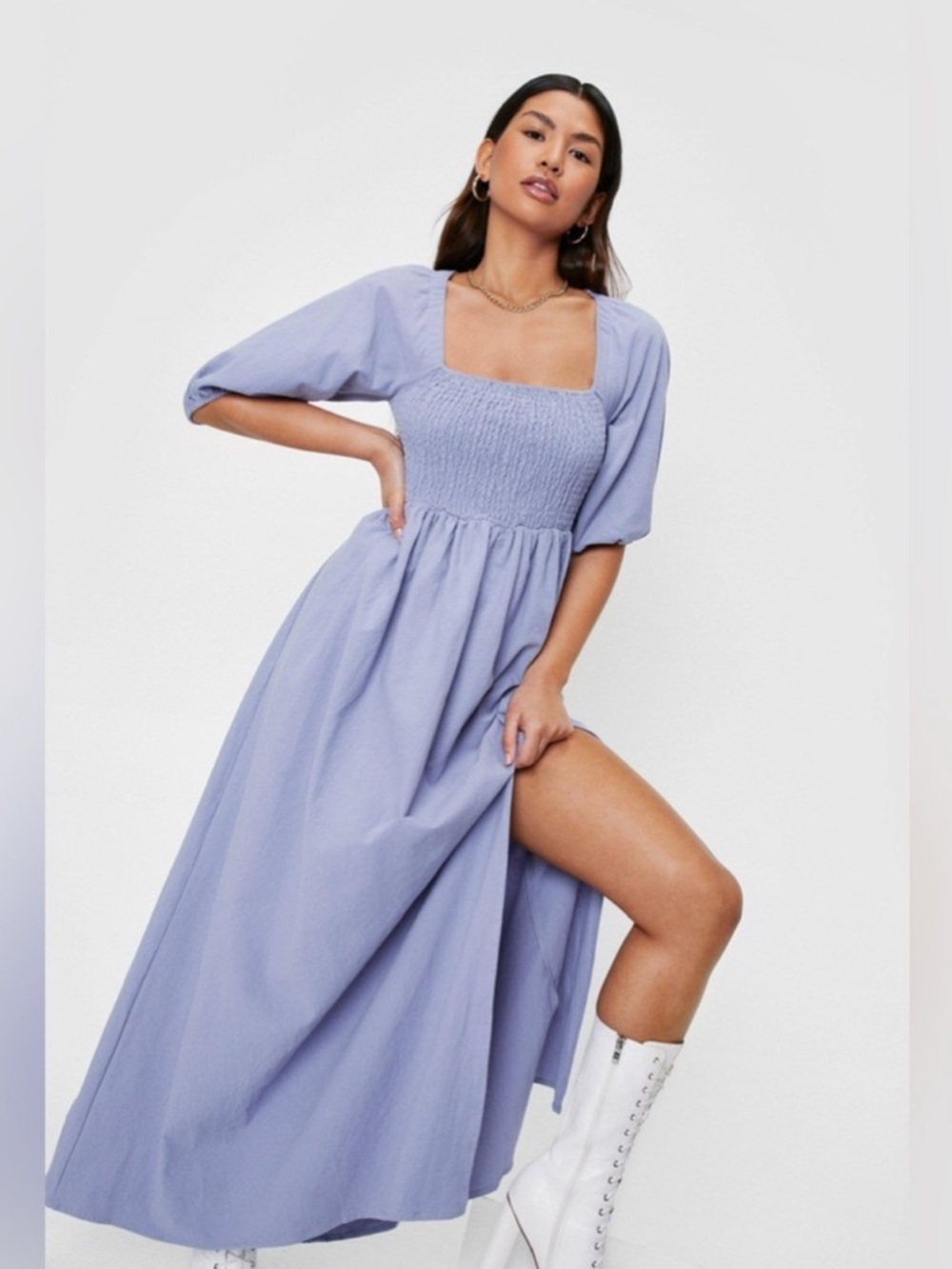Nasty Gal Lilac Square-Neck Smocked Maxi Dress with Puff Sleeves